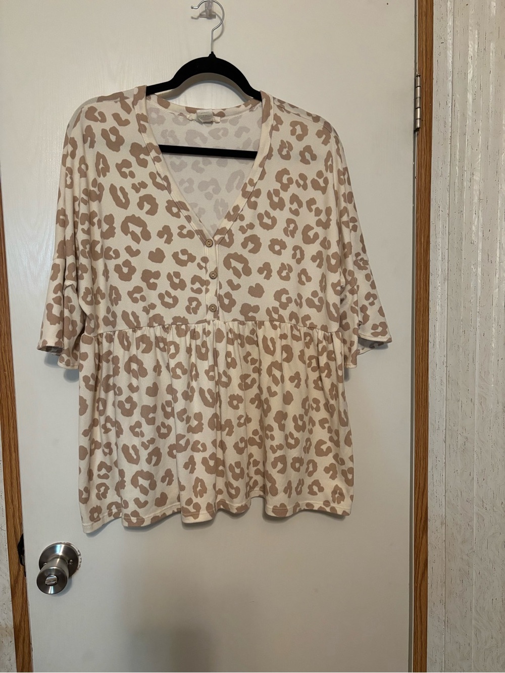 Cream Leopard Print V-Neck Babydoll Blouse